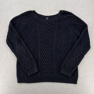GAP Cable Knit Fisherman Sweater Women Large Navy Cotton Aran Classic Cottage